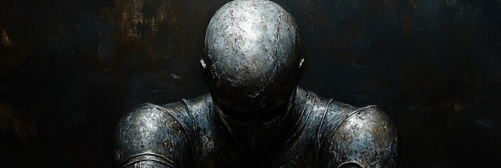 Metal figure slumped, dark background, somber mood.