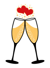 Gold and black Love Champagne toast. Hand drawn illustration icon for celebration. Valentines day icon.	