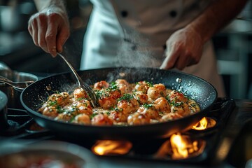 Gourmet dish being prepared in a high-end restaurant kitchen
