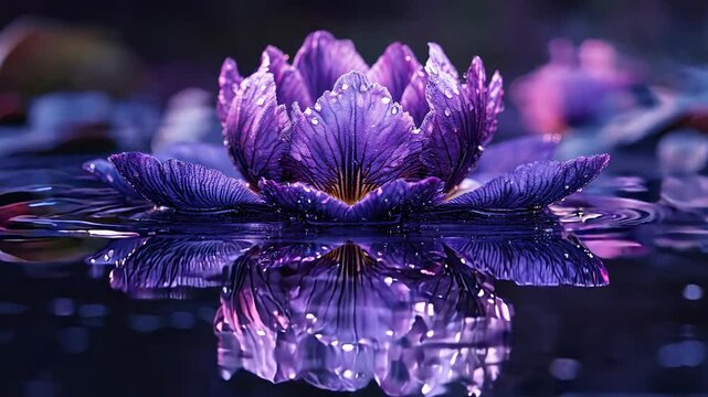The image features a close-up shot of a purple iris flower floating on a water surface. The flower's petals are visible, with water droplets on them. The reflection of the flower can be seen in the