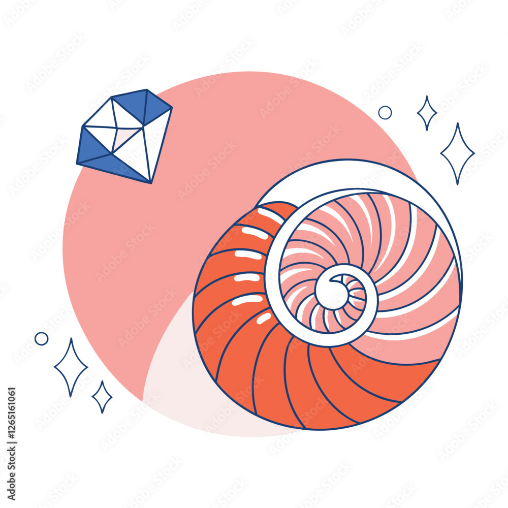 Poster this image features a stylized nautilus shell design with geometric shapes and crystals on a dark ba