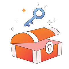 A colorful illustration of a treasure chest with a key above it. The design features vibrant colors and a flat cartoon style, showcasing a fun treasure theme.