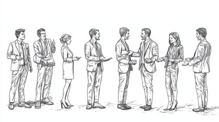 Linear vector illustration set of negotiating business people. Diverse men and women at business meetings, conclude an agreement, agree on cooperation, negotiate, shake hands, sell goods and services