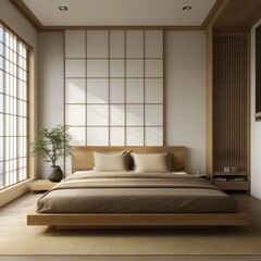 Japanese style bedroom features minimalist design and neutral tones