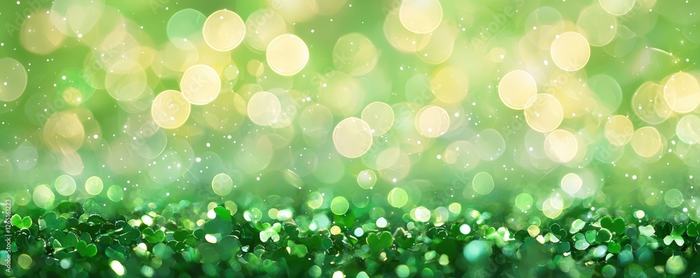 Poster a vibrant green background with shimmering bokeh lights, creating a fresh and lively atmosphere.