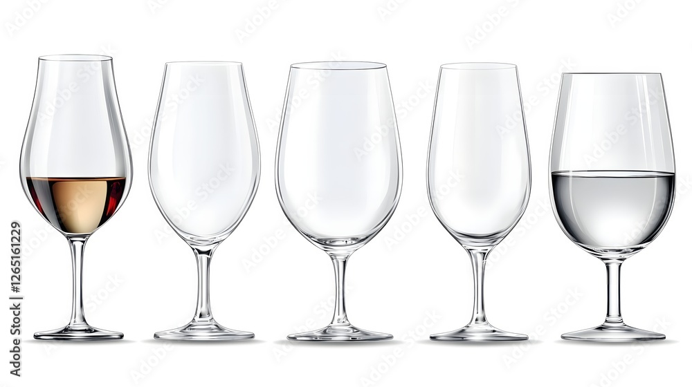 Poster elegant array of wine glasses displaying varied levels of liquid against a white backdrop