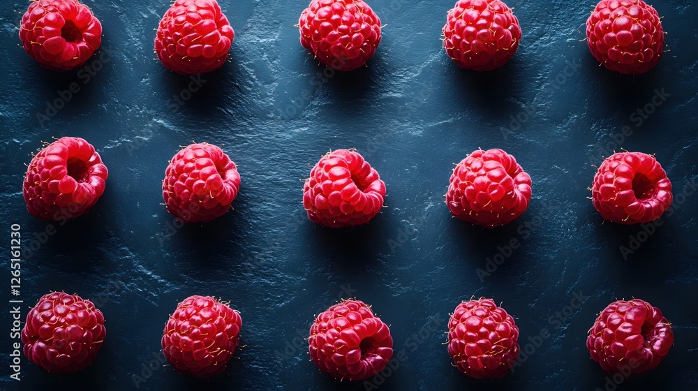 Poster fresh raspberries arranged on a dark textured surface creating a visually appealing pattern