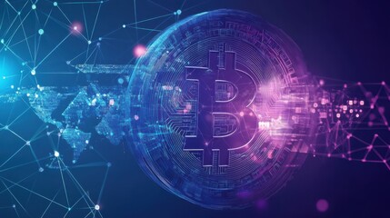 Naklejka premium Blockchain technology futuristic hud background with world globe and blockchain polygon peer to peer network. Global cryptocurrency fintech business banner concept. Low poly design. Horizontal layout