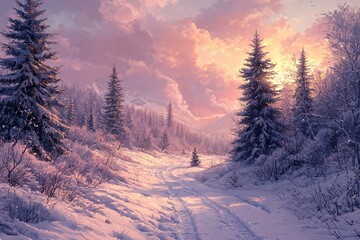 Fototapeta premium Snow-covered forest with tall pine trees, soft pastel sky at dawn, footprints in the snow, a peaceful winter landscape, serene atmosphere, perfect for seasonal winter imagery