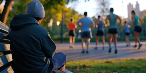 Person Sitting on Park Bench with Blurred Background of Exercising Individuals