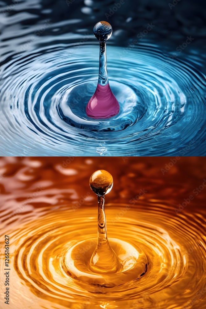 Poster liquid harmony dual tone water drop collision creating circular ripples in fluid surface