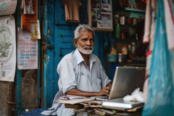 horizontal image of a mature indian man seated in his shop in front of a laptop