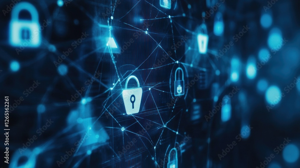 Poster digital network security: data protection with connected padlock icons