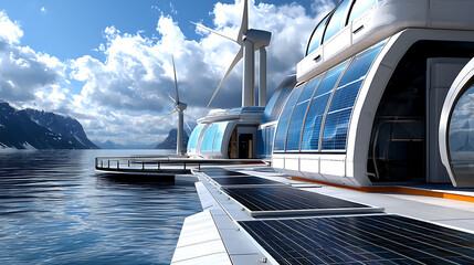 Fototapeta premium Innovative renewable energy facility coastal area digital rendering modern environment futuristic viewpoint