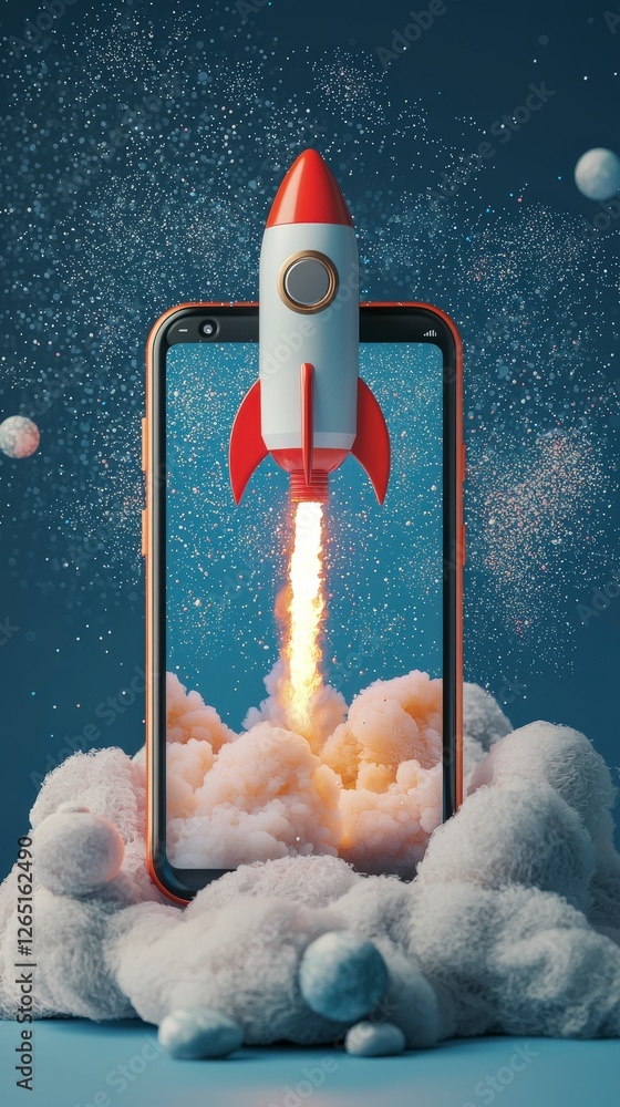 Poster a rocket spaceship lifts off from a phone screen, surrounded by soft clouds and sparkling particles,
