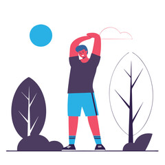 A fit man of European descent stretches outdoors under the sun. Surrounded by trees and plants, this cartoon-style image reflects a healthy lifestyle.