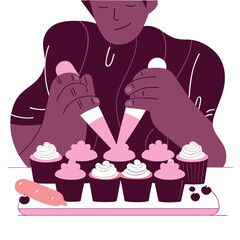 A person of unspecified ethnicity expertly decorates various cupcakes with chocolate icing in a flat, cartoon style. The scene captures joy and creativity.