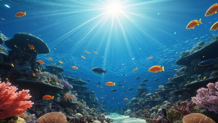 Naklejka premium A vibrant underwater scene teeming with colorful marine life