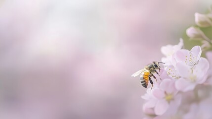 Delicate Honeybee Gathering Nectar from Soft Pink Blossoms in a Serene Spring Garden