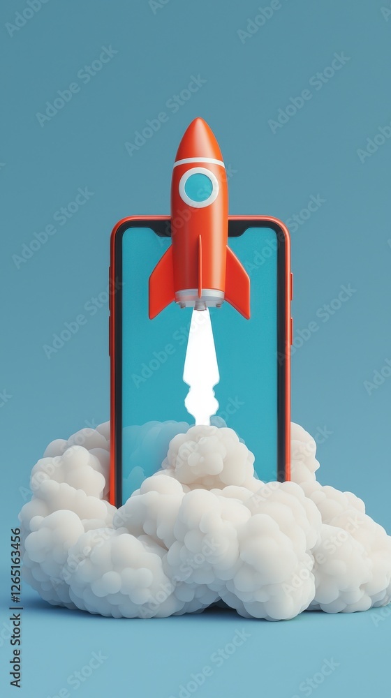 Aufkleber a vibrant red rocket launches from a smartphone surrounded by fluffy clouds, symbolizing innovation 