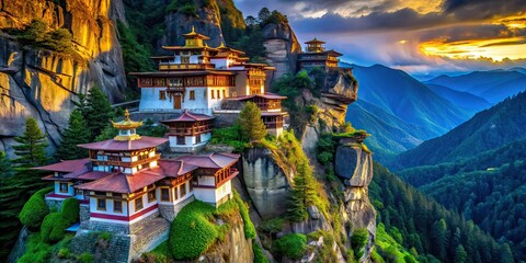 Fototapeta premium Paro Taktsang Bird's Eye View, Tiger's Nest Monastery, Bhutan