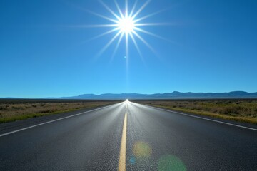 Fototapeta premium Endless road under bright sun in vast landscape. AI image