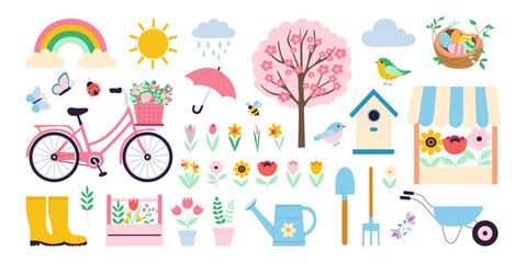 A colorful image of a garden with a bicycle, umbrella, and birdhouse. Scene is cheerful and playful