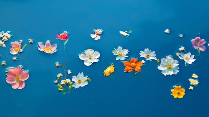 Colorful spring flowers gently float on a tranquil blue surface, showcasing nature's beauty. Their vibrant hues contrast beautifully with the serene backdrop, evoking a sense of calm and joy