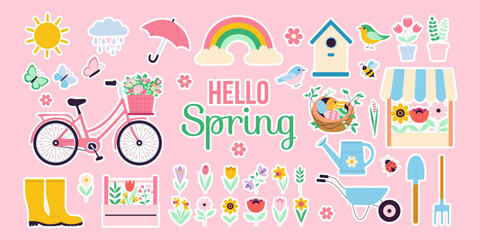 A colorful poster with various spring-themed images, including a bicycle, a birdhouse, and a bird. The poster reads 