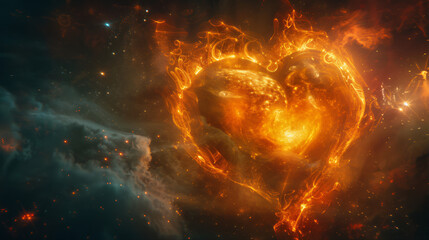 Heart of fire, burning love, heart. Blazing love, valentine, love vibe in the air. Fiery heart, valentine, love illustration. Explosive love burst. Valentine love heart celebration on fire