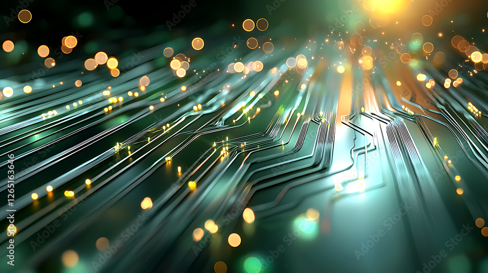 Poster dynamic digital circuitry illuminated by glowing particles virtual environment abstract artwork mode