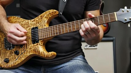 Musician plays an electric guitar in a studio setting during a practice session