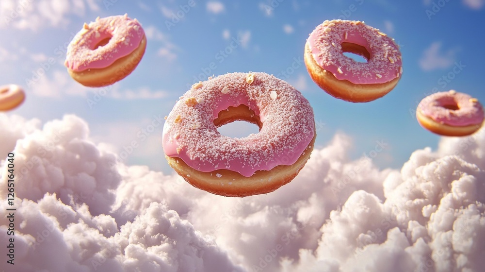 Poster floating high in a soft, pastel sky, delicious doughnuts with pink icing and sprinkles dance among f