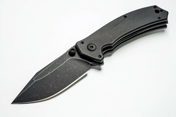 Fototapeta premium Black tactical knife on solid white background. AI image
