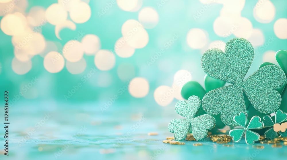 Poster a serene image featuring sparkling green shamrocks and a soft, blurred background with golden bokeh,