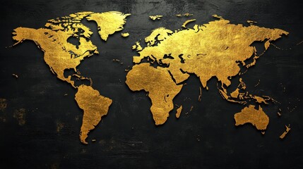 A gold colored world map with a black background
