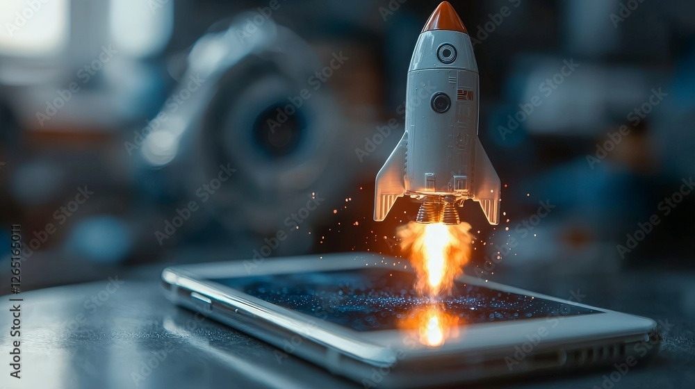 Aufkleber a playful rocket model is depicted launching from a smartphone, surrounded by colorful sparkles and 