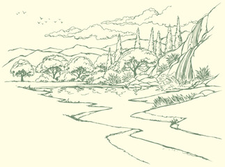 Fototapeta premium Vector drawing. River in the valley