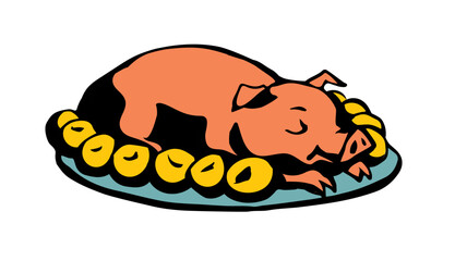 Vector drawing. Tasty pig on the plate