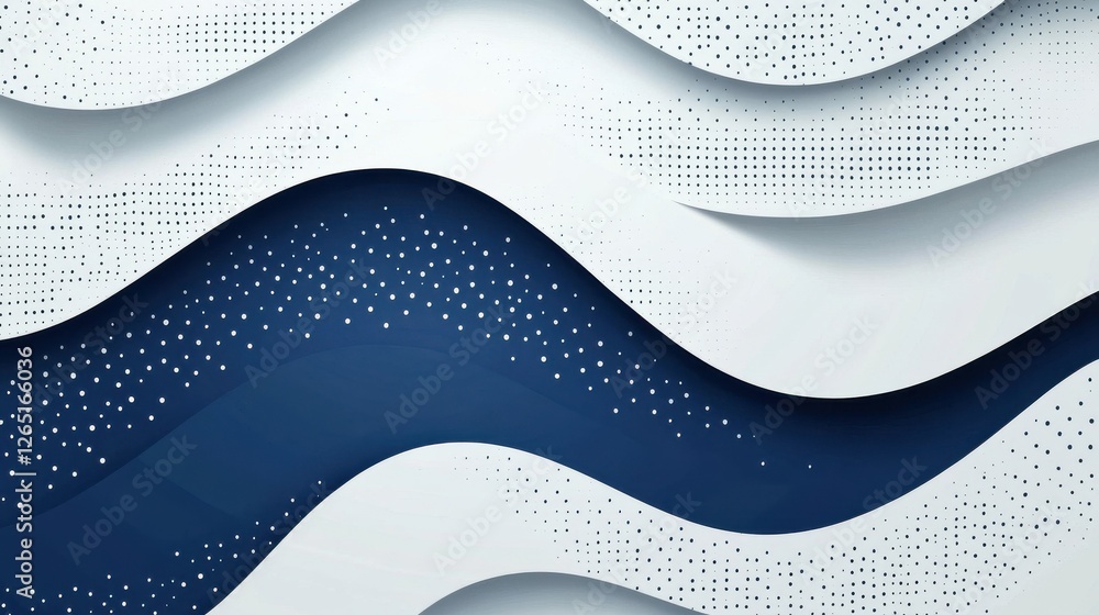 Poster navy blue and white vector halftone background with dots in wave shape, simple minimalistic design f