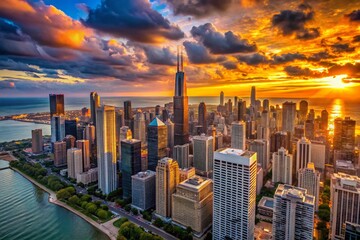 Obraz premium Stunning Aerial View of Chicago Skyline at Sunset, Drone Photography