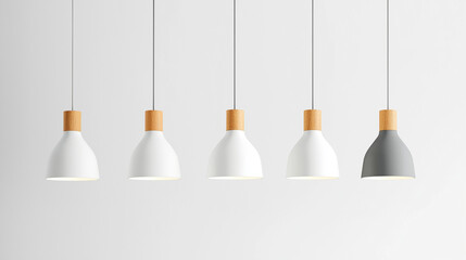 A row of five light fixtures with wooden bases