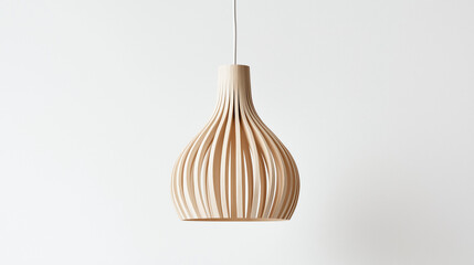 A wooden lamp with a white shade hanging from a ceiling