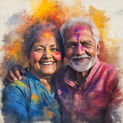 indian senior couple celebrating holi festival playing colors