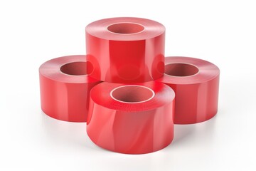 Four red tape rolls on white background. AI image