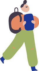 사람, 女, 벡터, 여자, 대학생, 학생, 가방, 노트북, 맥북, 수업, 학업, 공부, 뛰어감, 활기찬, 열심