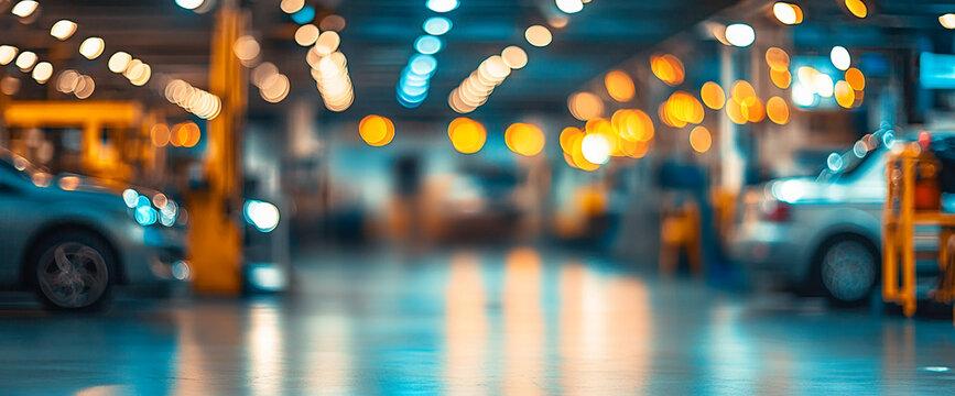 Blurry view of a car repair workshop with illuminated lights and cars in the background, symbolizing the automotive service industry and vehicle maintenance