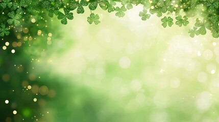 A serene green background adorned with clover leaves, featuring a soft, dreamy light effect that evokes a sense of tranquility and nature.