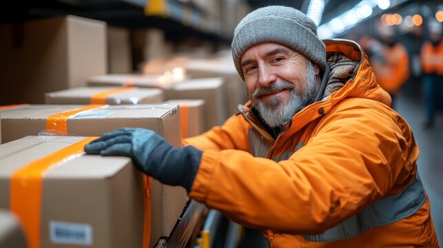 Warehouse worker handling packages, smiling,  winter background; logistics