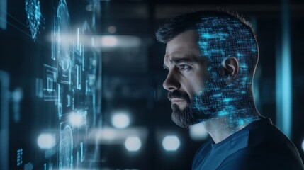 Fototapeta premium Man Analyzing Futuristic Data Interface with Augmented Reality Display